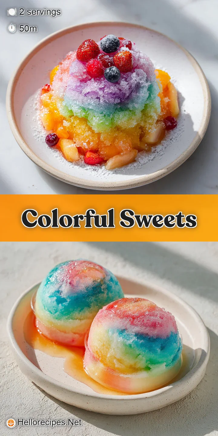 Close-up of rainbow candy topping a frozen slushy, showing icy texture and the sweet, colorful details of the treat.