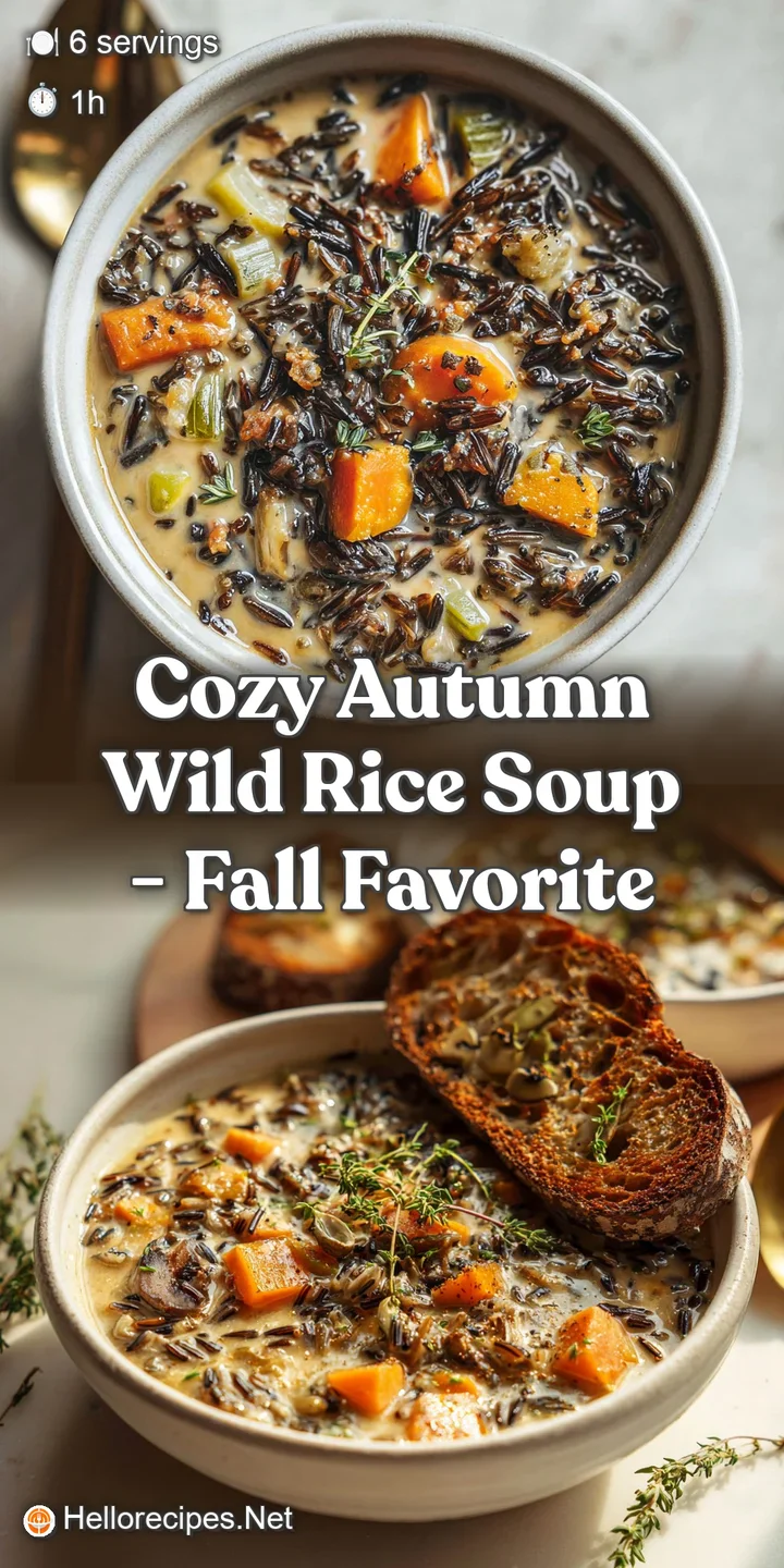 Close-up view of textured wild rice soup, showcasing grains, colorful diced carrots, celery. Creamy broth with flecks of g...