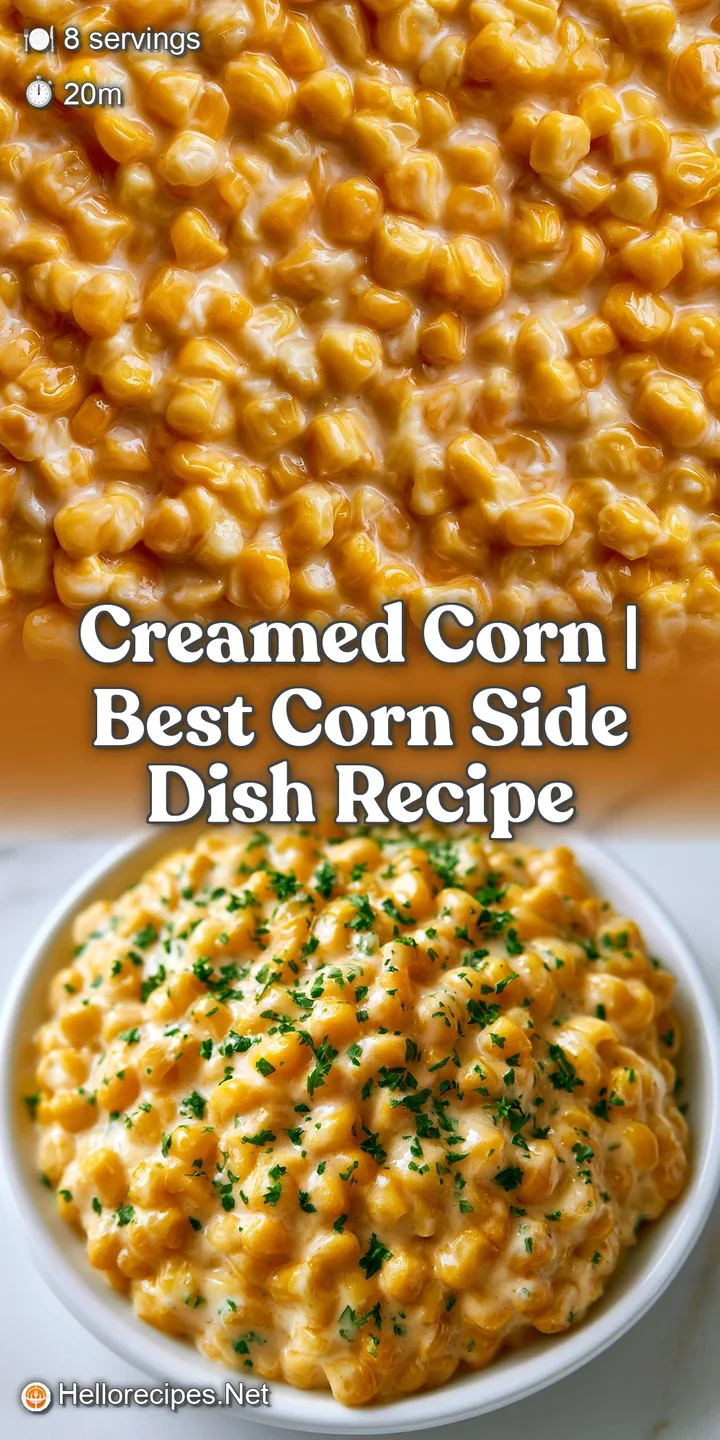 Close-up of glistening golden corn kernels enveloped in a rich, velvety white cream sauce with a hint of steam.