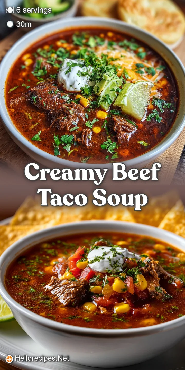 Close-up of rich, steaming beef taco soup, showing a swirl of cream and the hearty texture of ground beef and colorful veg...