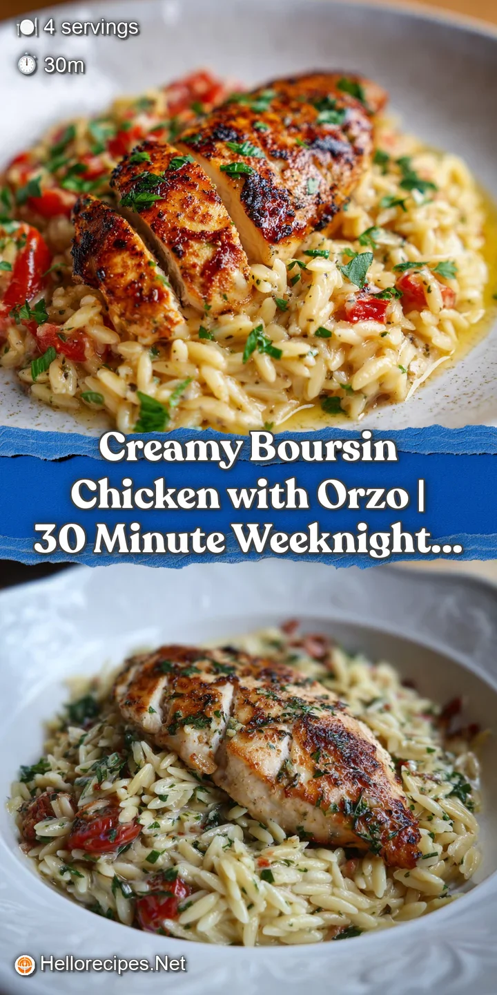 Close-up of tender chicken with herbs coated in creamy orzo. Hints of melted Boursin cheese create a rich, inviting texture.