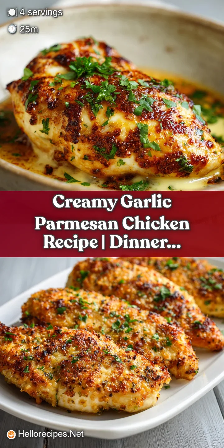 Close-up of succulent chicken in a rich, parmesan-garlic cream sauce; steam rising hints at its warm, comforting flavor.