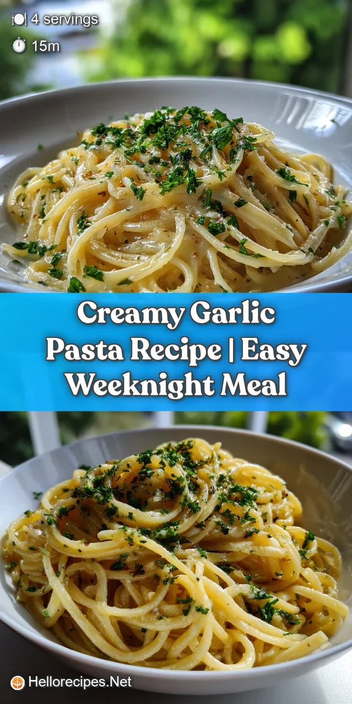 Close-up captures the rich texture of garlic cream sauce clinging to pasta strands, promising a burst of savory, aromatic ...