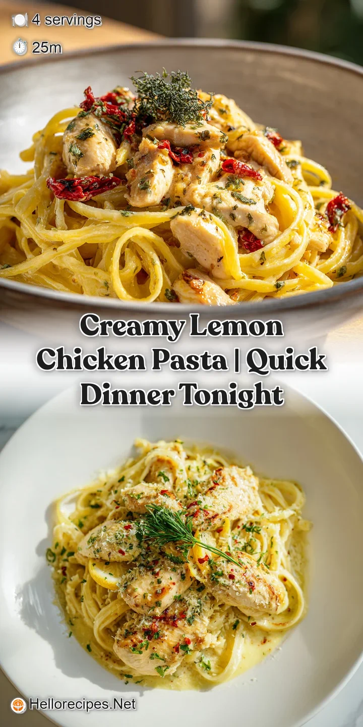 Close-up of glistening, creamy lemon sauce clinging to tender pasta and juicy chicken. Freshly cracked black pepper adds v...