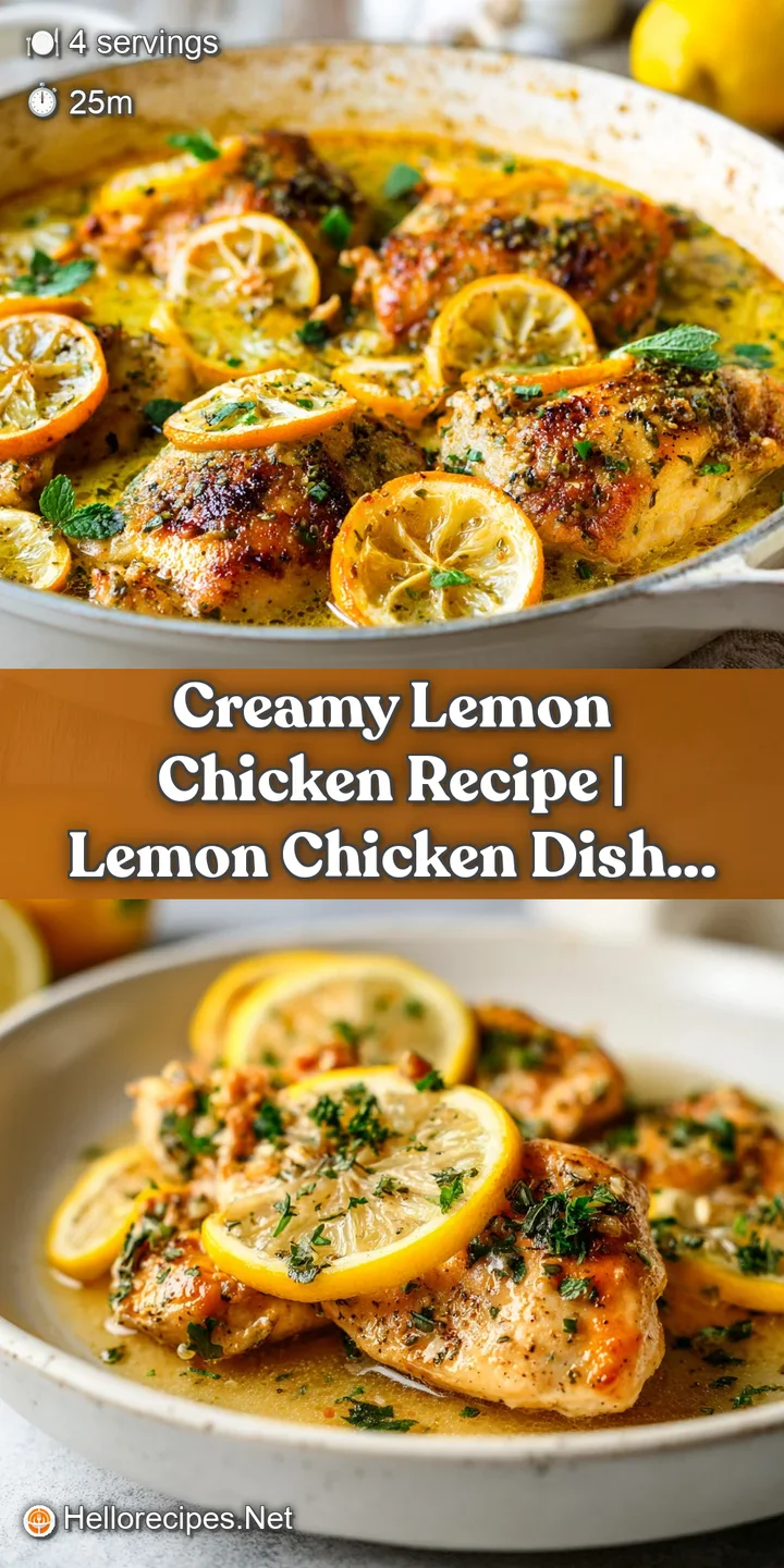 Close-up of creamy lemon chicken; focus on the juicy chicken and thick, glistening lemon sauce with flecks of parsley and ...