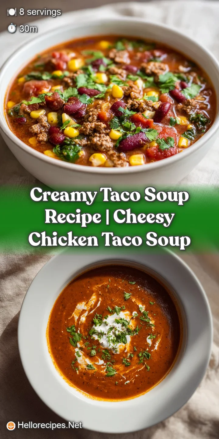 Close-up of creamy taco soup with rich ground beef, colorful vegetables, and melted cheese; texture and warmth radiating f...