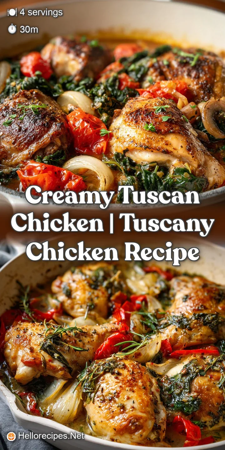 Close-up: Pan-seared chicken with a glossy, creamy sauce, speckled with vibrant green spinach and bursts of red tomatoes. ...