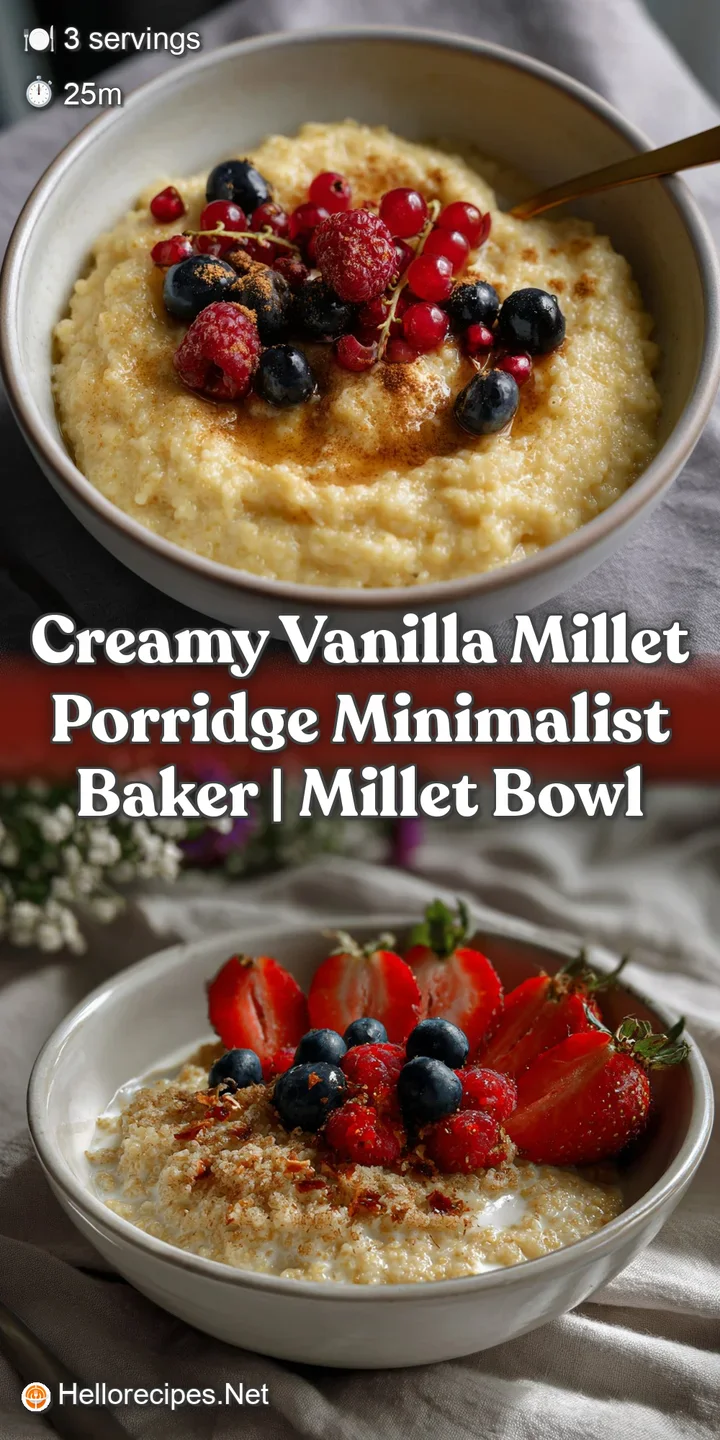 Close-up of steaming, creamy vanilla millet porridge. Hints of vanilla bean specks visible, offering a warm and comforting...