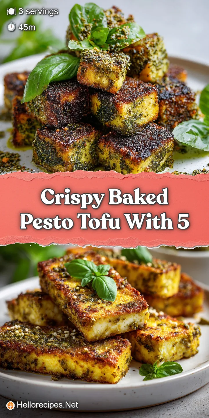 Close-up of a crispy baked tofu cube, glistening with fragrant green pesto. Perfectly browned edges hint at a satisfying ...