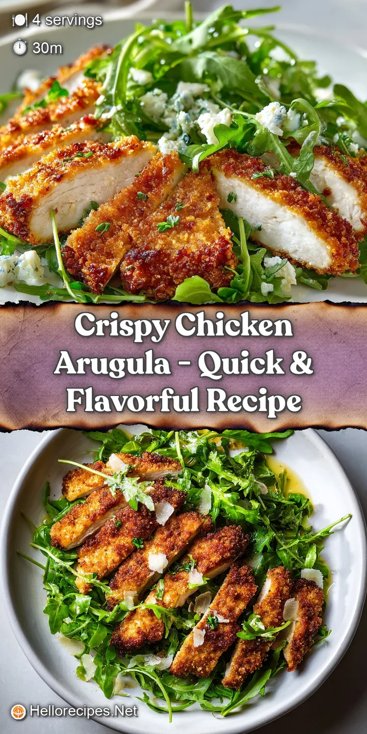 Close-up: juicy, golden-brown chicken cutlet. Fresh arugula peeks out; glistening lemon dressing adds a bright, tangy appeal.