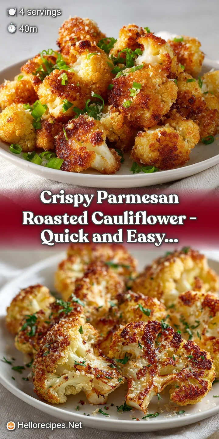 Close-up of parmesan roasted cauliflower, showcasing the crispy, cheesy crust and tender, ivory interior. Hints of herbs a...