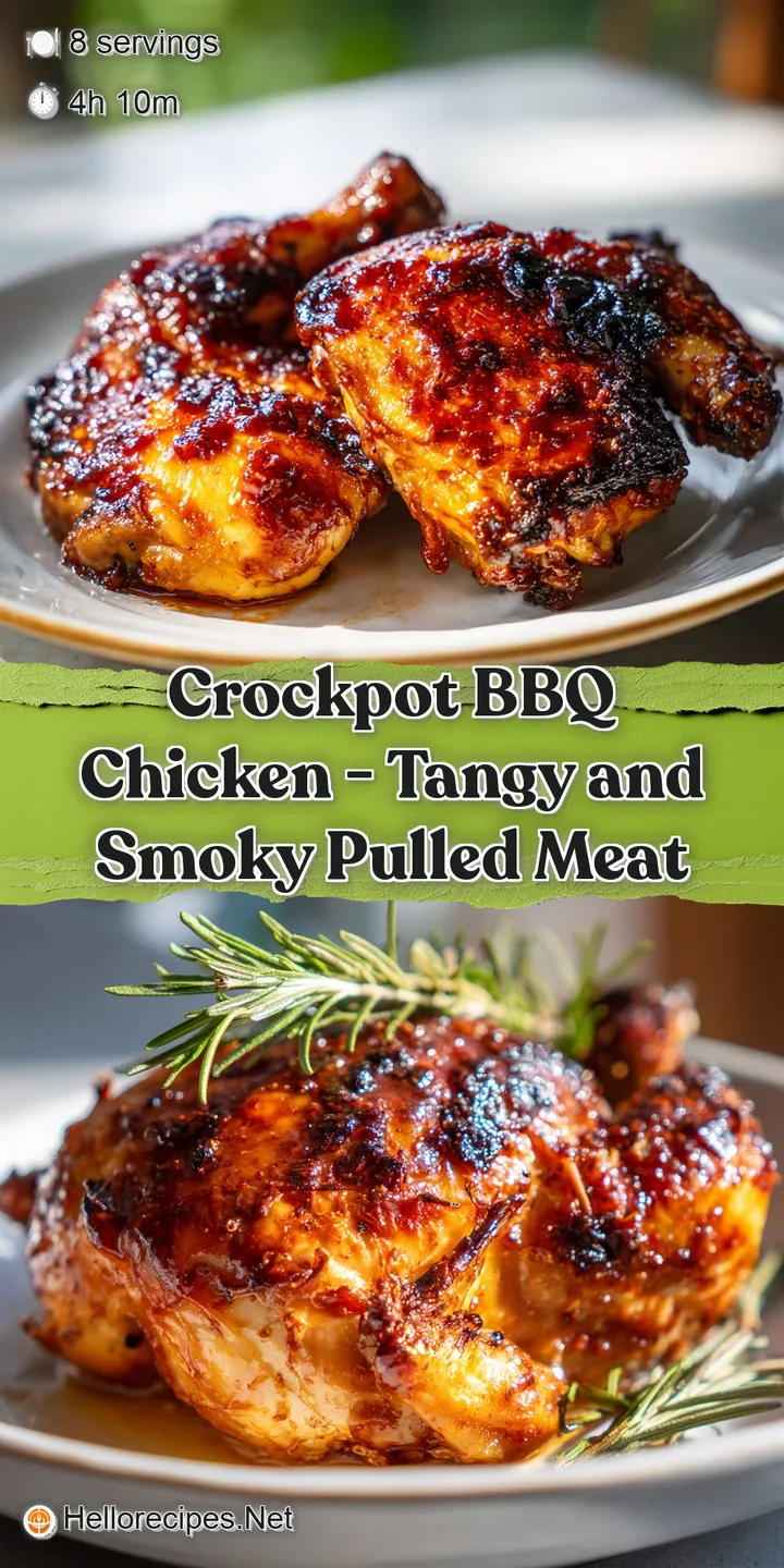 Close-up of glistening, shredded BBQ chicken. The smoky, caramelized sauce creates a rich, savory appearance with delightf...