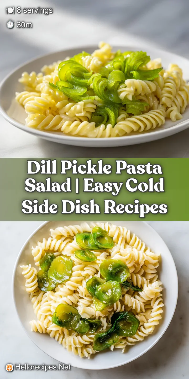 Close-up of creamy spiral pasta coated in tangy dressing with vivid green dill sprigs and crisp pickle chunks.