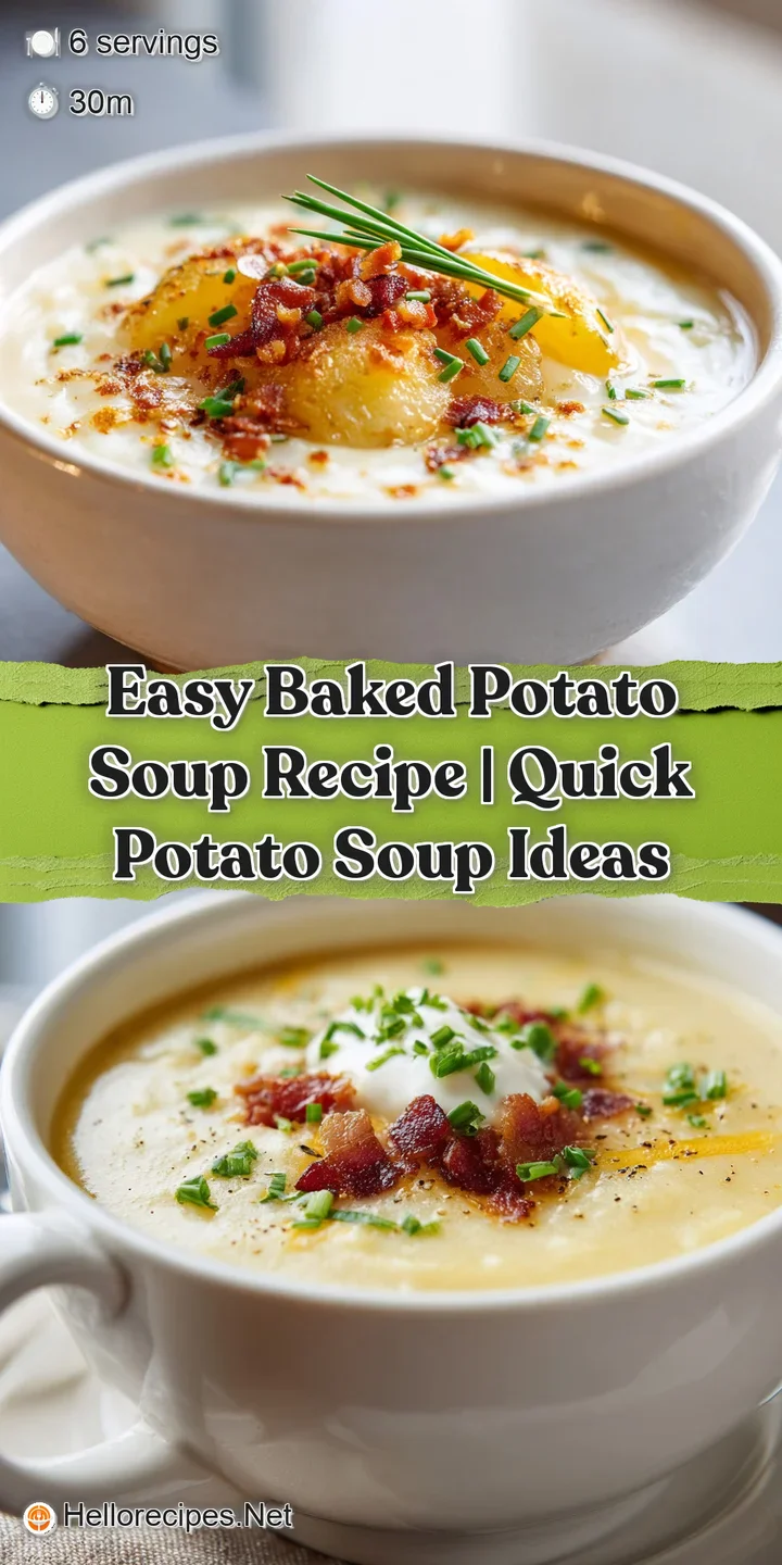 Close-up of creamy, comforting potato soup; melted cheddar cheese glistens alongside crispy bacon bits and fresh green oni...