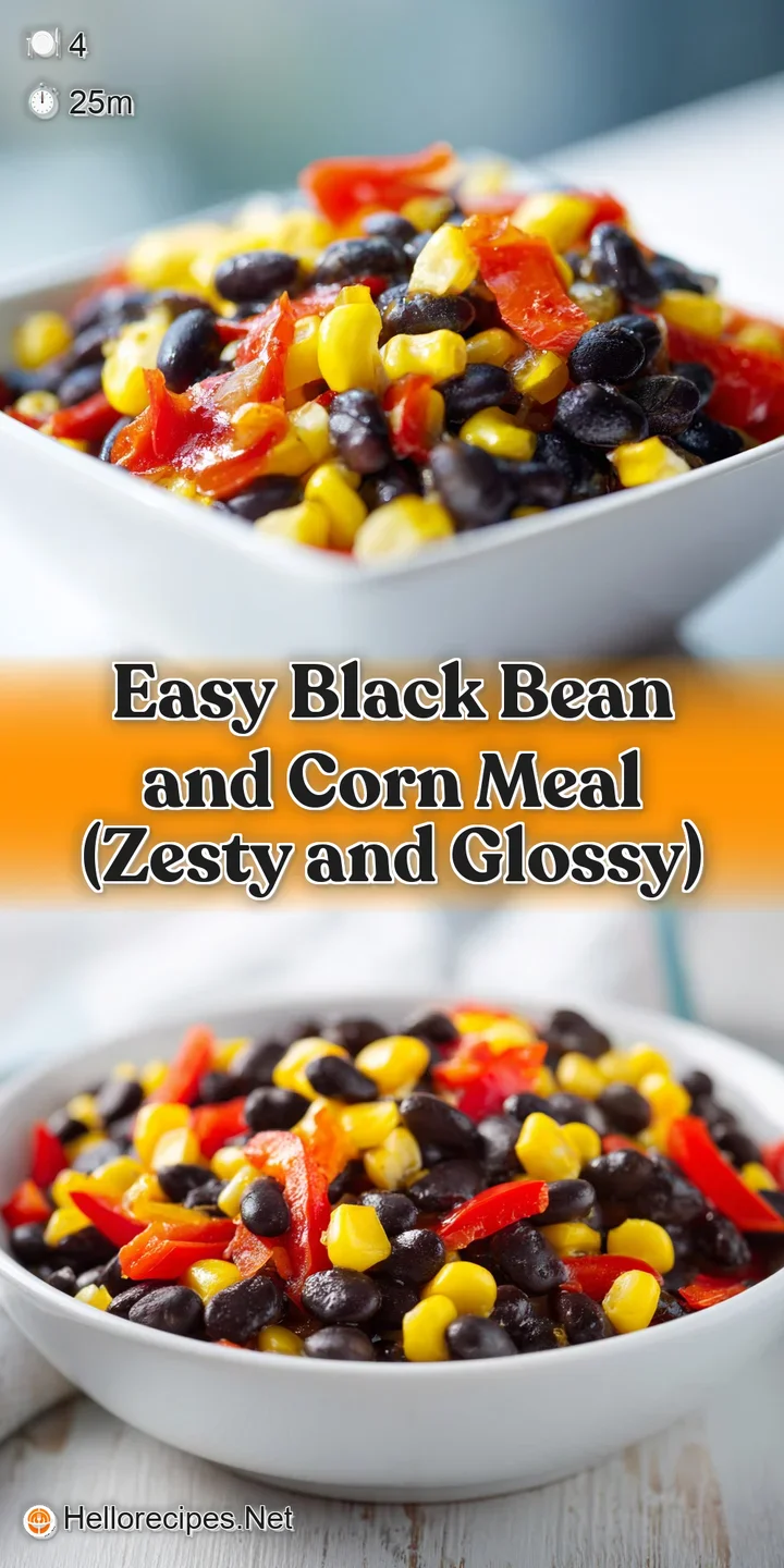 Close-up of glossy black beans and plump yellow corn kernels mixed with diced red peppers and a drizzle of olive oil.