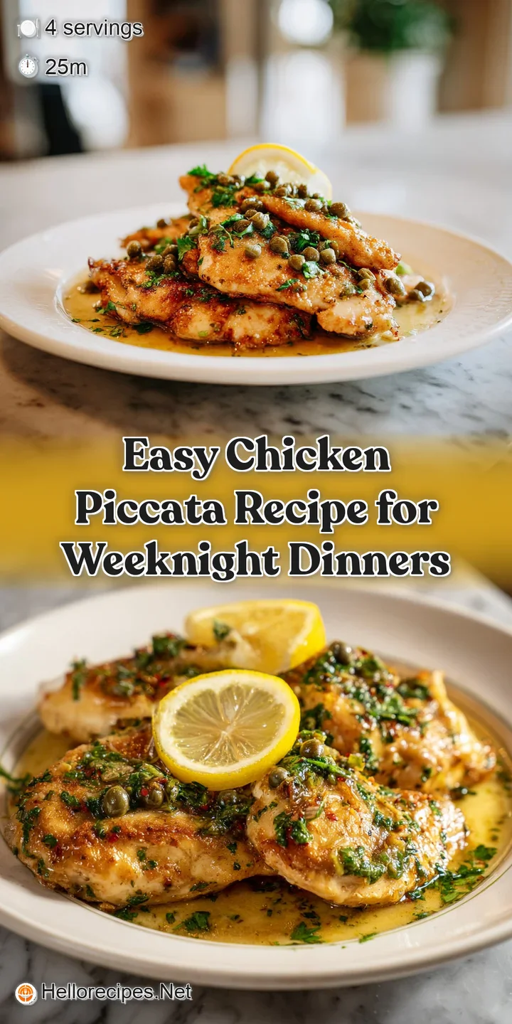 Close-up of juicy chicken piccata swimming in a rich, buttery lemon sauce with salty capers and vibrant herbs.
