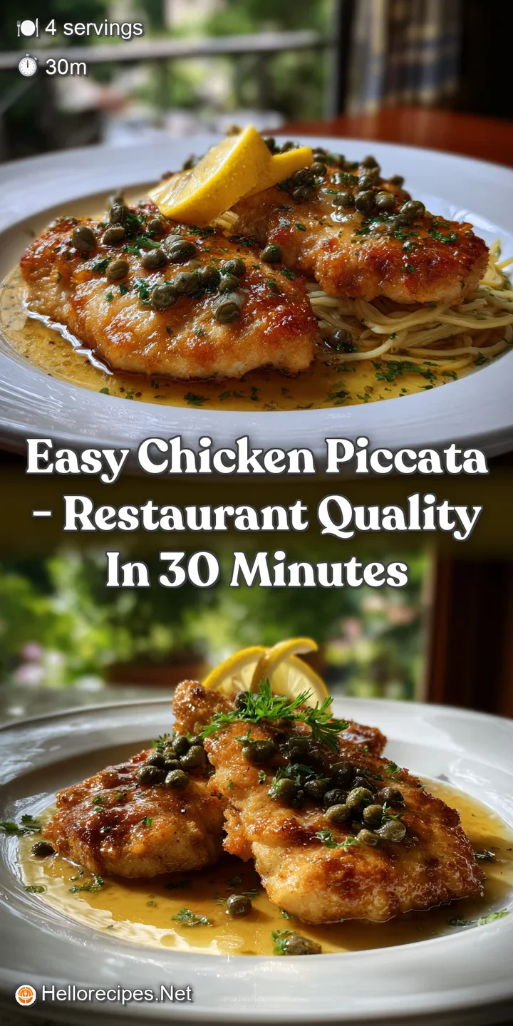 Close-up of succulent chicken piccata. The golden-brown chicken is glistening with citrus sauce, accented by bright capers...