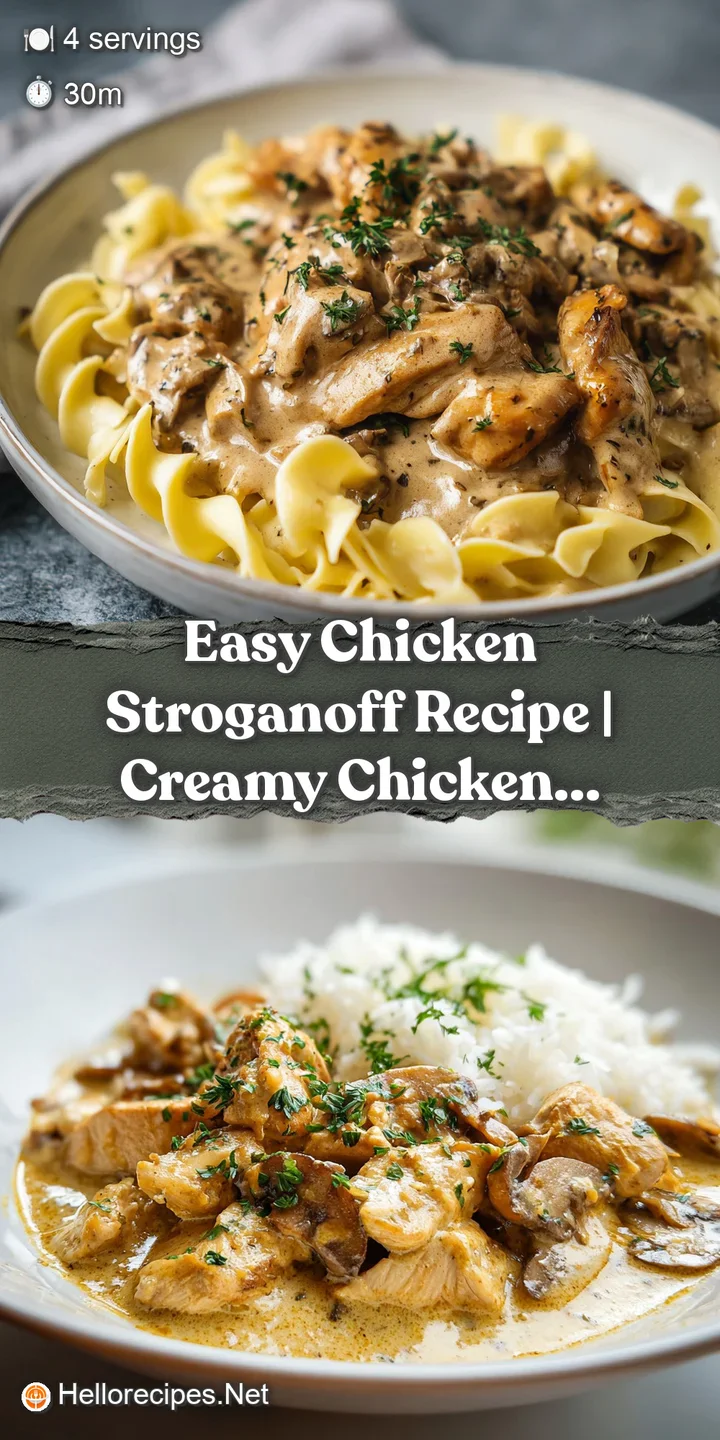 Close-up of savory chicken stroganoff: tender chicken, earthy mushrooms, and rich cream sauce clinging to perfectly cooked...