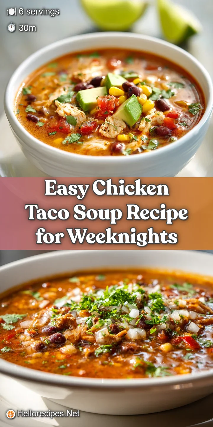 Close-up of savory chicken taco soup, highlighting the rich broth, tender chicken, and fresh toppings with a warm, invitin...