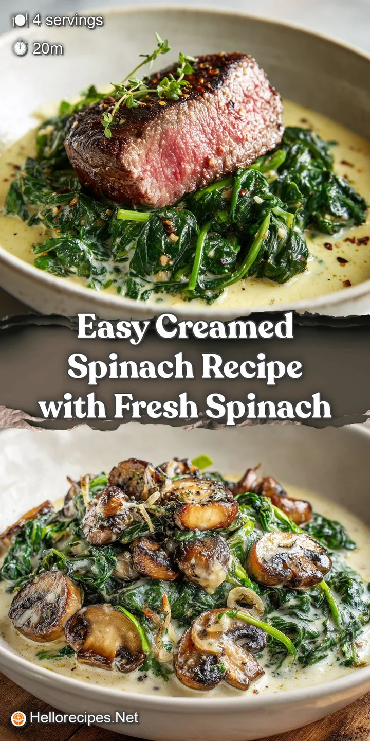 Close-up of velvety creamed spinach, glistening with butter, showcasing its rich texture and inviting, savory appeal for t...