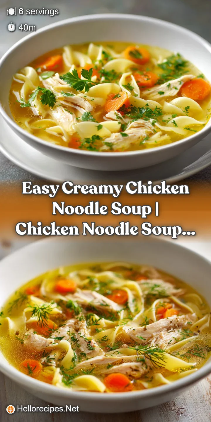 Close-up of creamy chicken noodle soup featuring tender chicken, soft noodles, and vibrant vegetable pieces glistening.