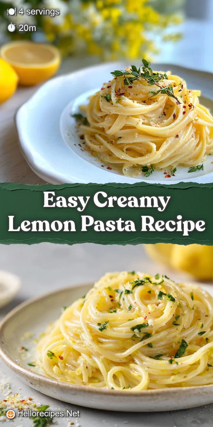 Close-up view of creamy lemon butter pasta, shiny with melted butter, and flecks of herbs, garlic, and pepper.