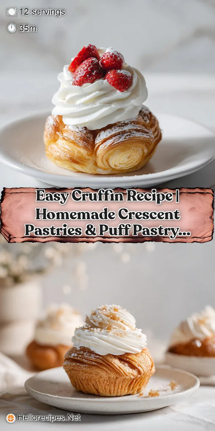 Close-up of a layered, golden cruffin revealing a soft, airy interior with swirls of cinnamon.