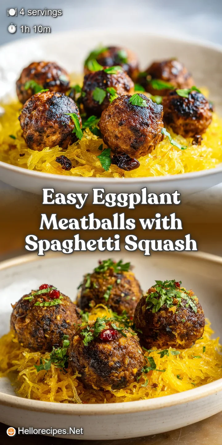 Close-up of tender, browned eggplant meatballs nestled in spaghetti squash, coated in a vibrant, textured tomato sauce, st...