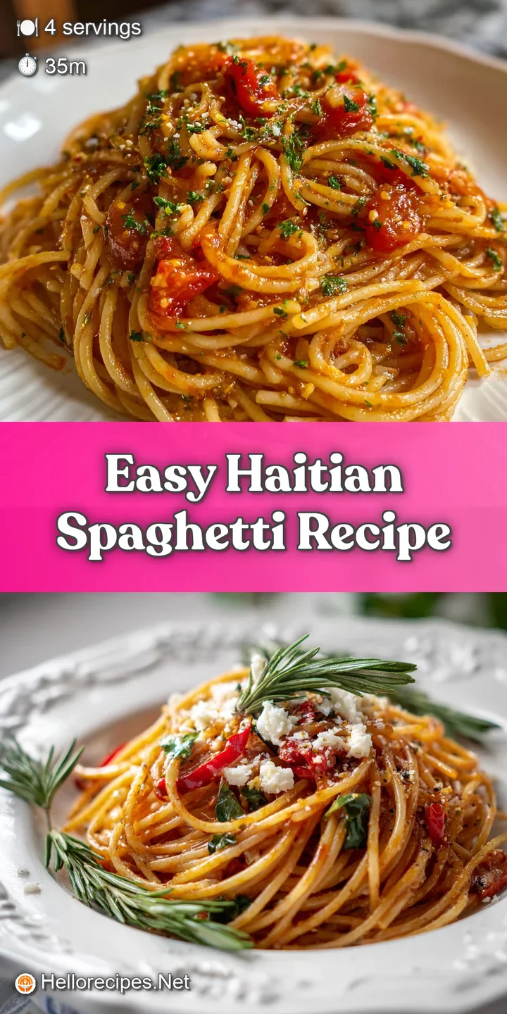 Close-up of glistening Haitian spaghetti: saucy noodles tangled with browned meat and peppers, promising a delicious, savo...