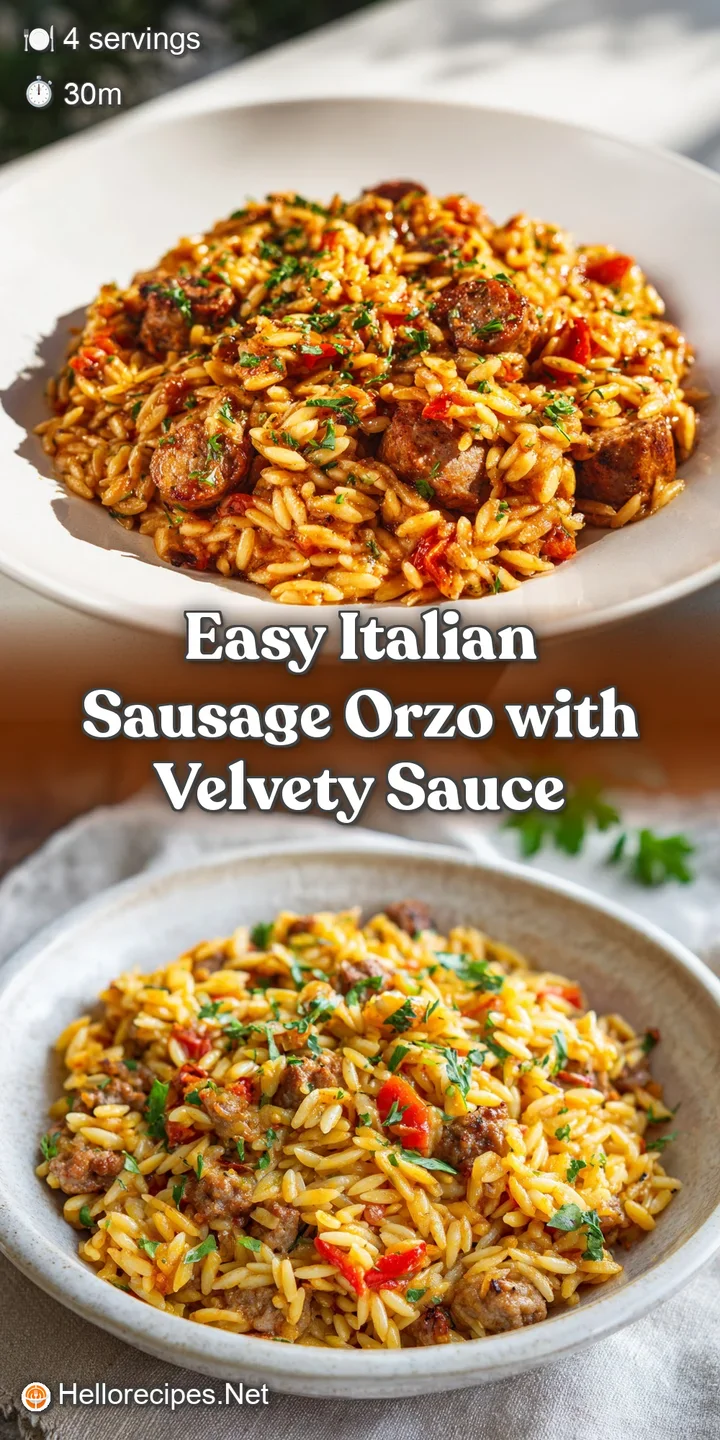 Close-up: Al dente orzo swirled with savory sausage and herbs. Hints of steam suggest it's fresh and piping hot.