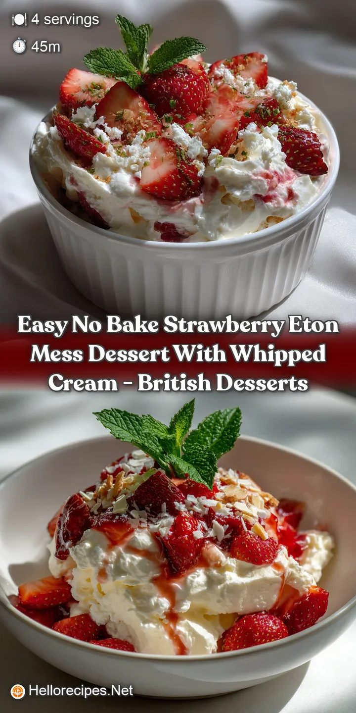 Close-up of a spoonful of Eton Mess, revealing juicy strawberries, fluffy whipped cream, and crunchy meringue. Textures ga...