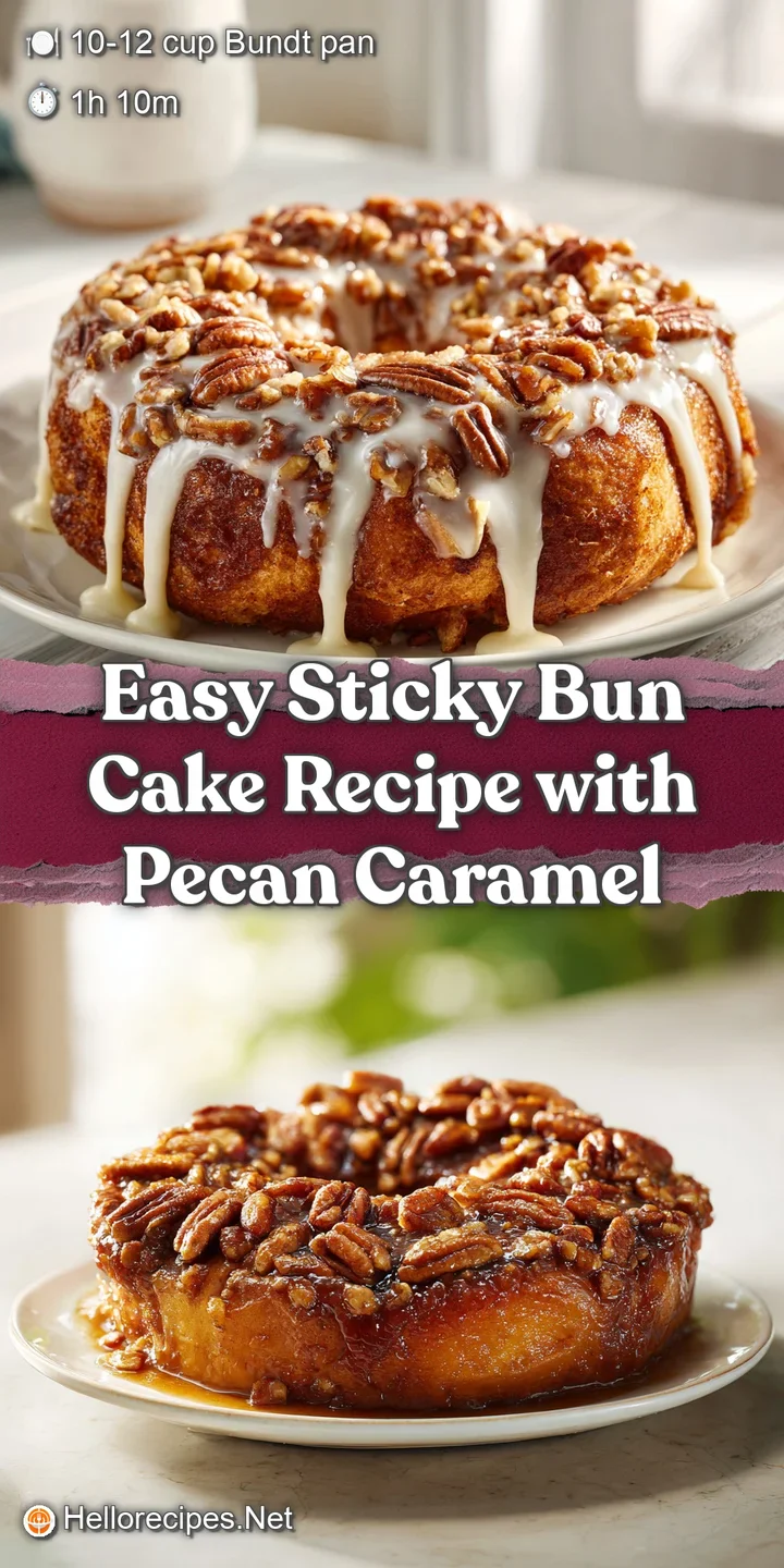 Close-up of a sticky bun cake. Rich, dark caramel glistens, hinting at a warm, gooey center and a sweet, nutty aroma.