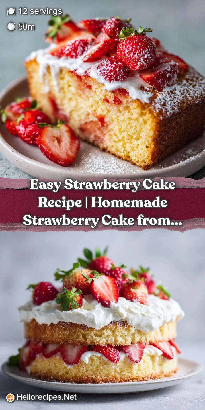 Close-up of a soft pink cake crumb with juicy red strawberry pieces and a glistening glaze.