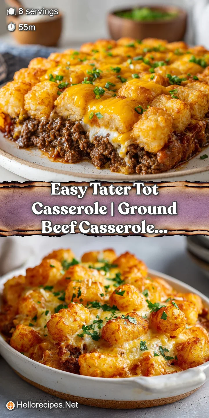 Close-up of a cheesy, bubbly tater tot casserole. Crispy golden-brown potatoes and rich, creamy filling look inviting and ...
