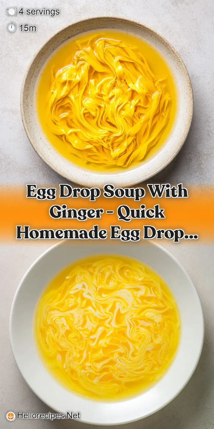 Extreme close-up of shimmering golden broth with wispy yellow egg ribbons and bright green scallion slices.