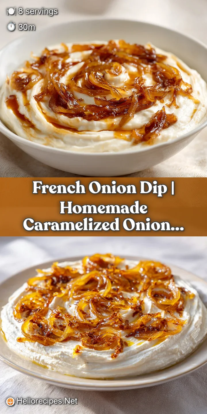 Close-up of a golden potato chip scooping up a thick, creamy dip filled with sweet, caramelized onion pieces.