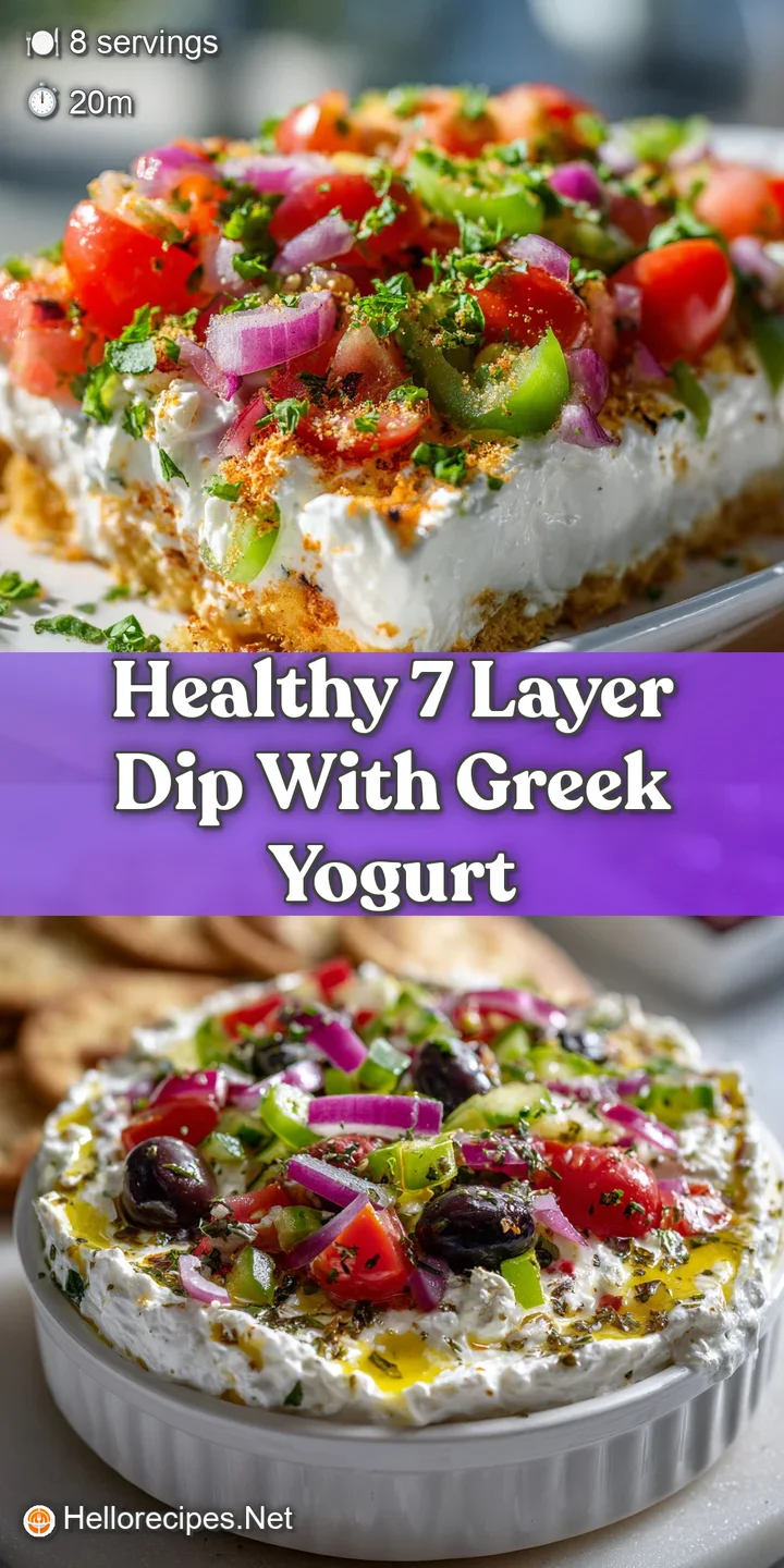 Close-up shot of healthy 7-layer dip. Layers of creamy Greek yogurt, ripe tomatoes, and vibrant greens are clearly visible...