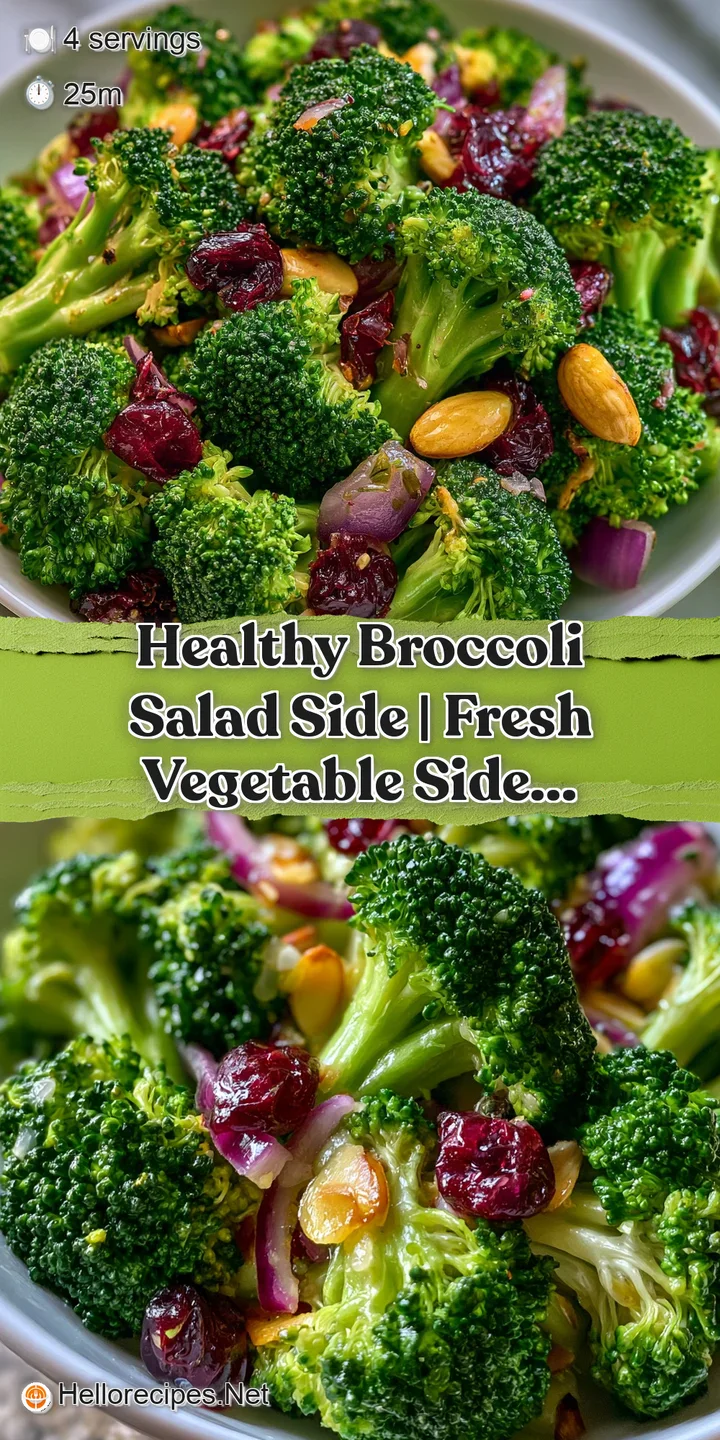 Extreme close-up of crisp green broccoli florets coated in a creamy dressing with toasted seeds and dried cranberries.