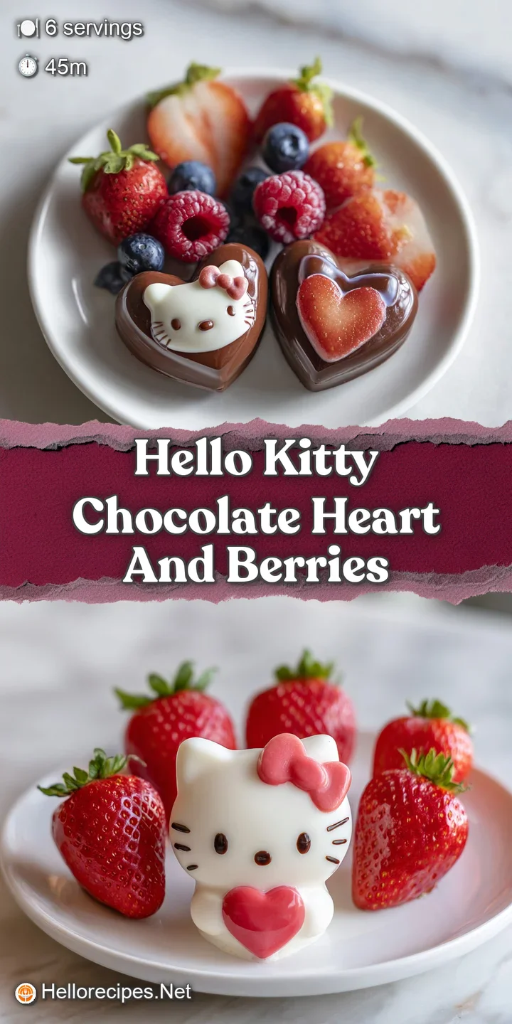 Close-up of a Hello Kitty chocolate heart, highlighting smooth, rich chocolate and vibrant fresh berries. Sweetness is alm...