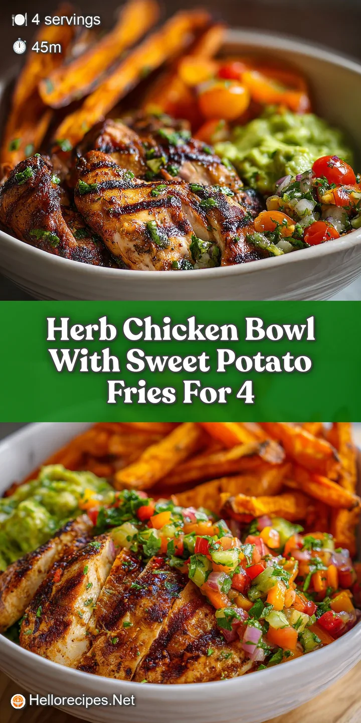 Close-up of tender herb chicken and crispy sweet potato fries. A vibrant, appetizing bowl beckons with a mix of textures a...