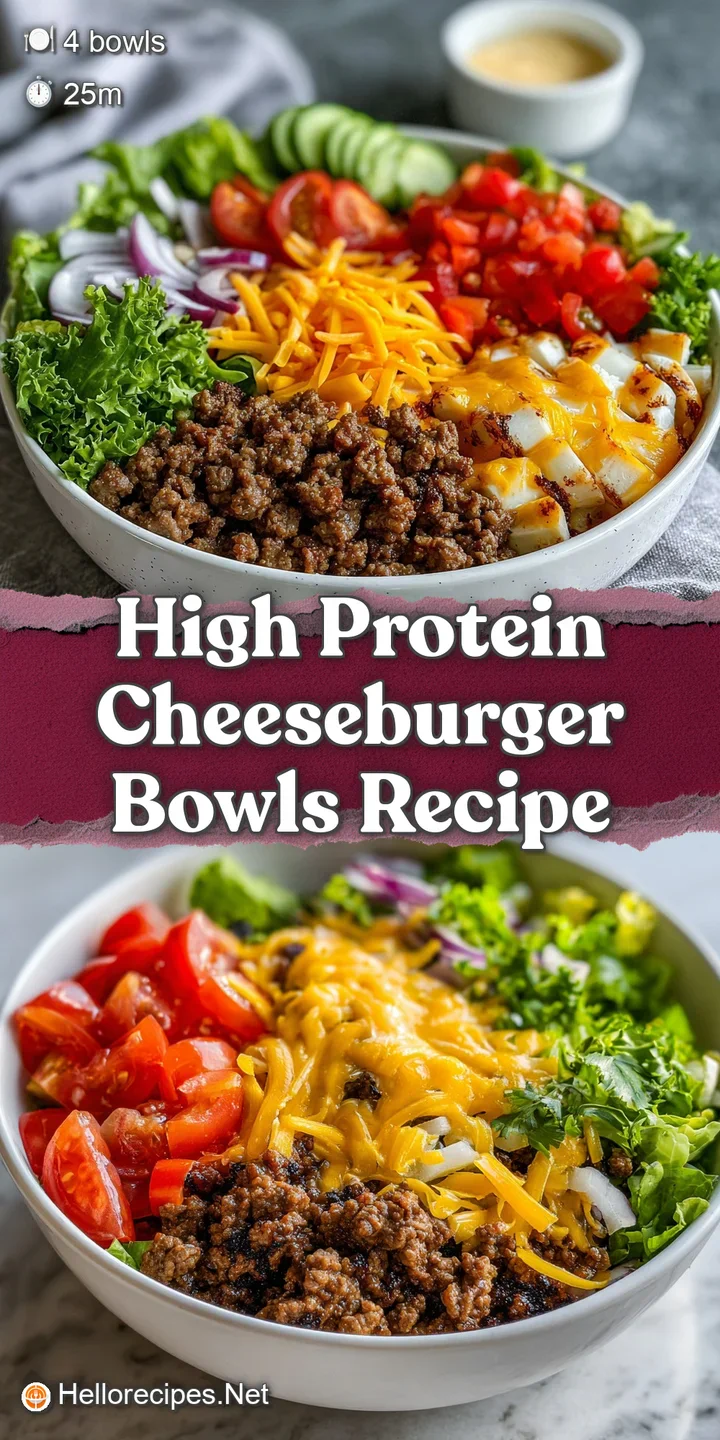 Close-up of a cheeseburger bowl showcasing the textures of ground beef, melted cheese, and creamy dressing on a bed of fre...