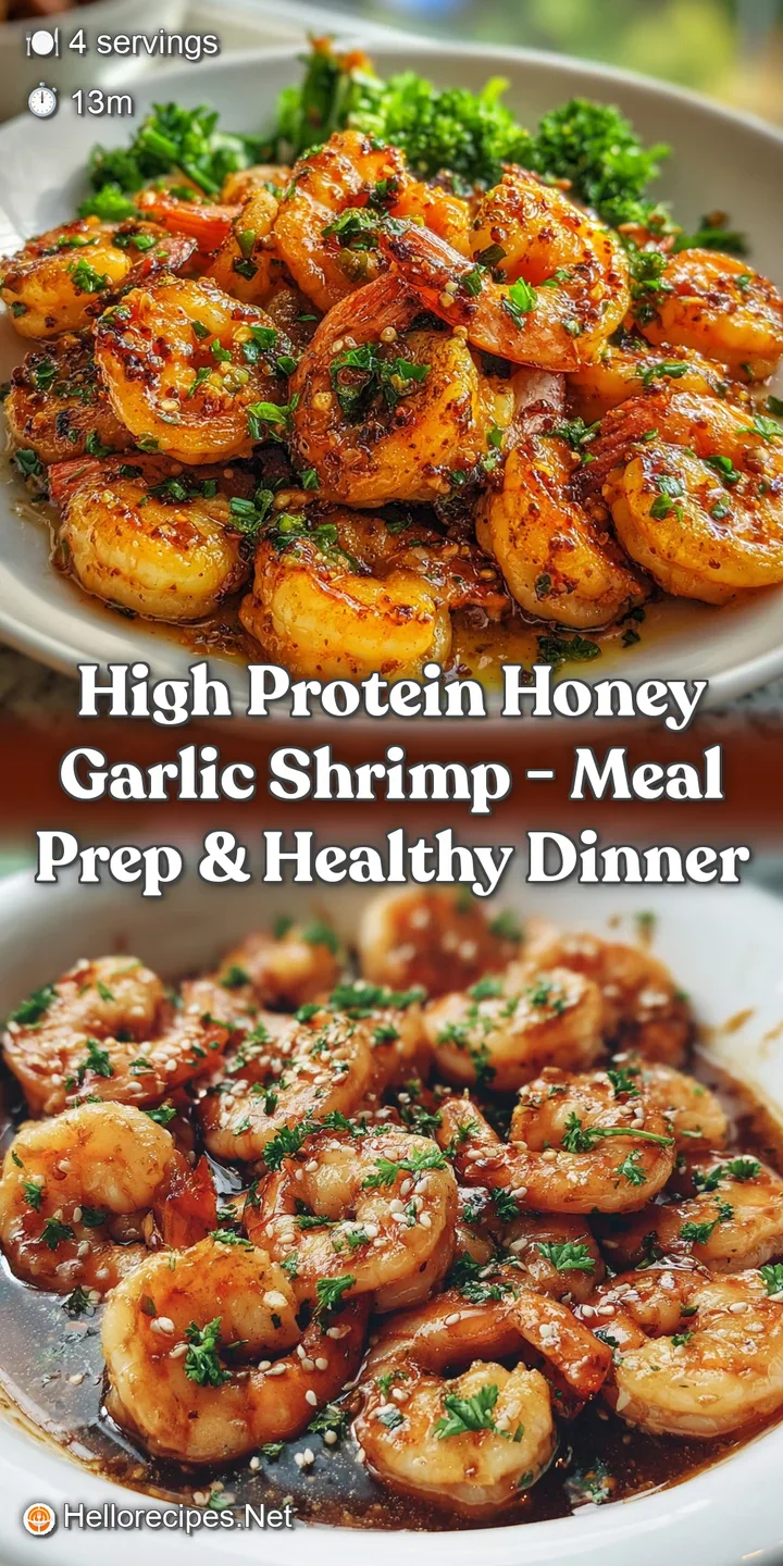 Close-up view of succulent shrimp coated in a sticky, honey-garlic glaze, reflecting light. The tender texture is apparent...