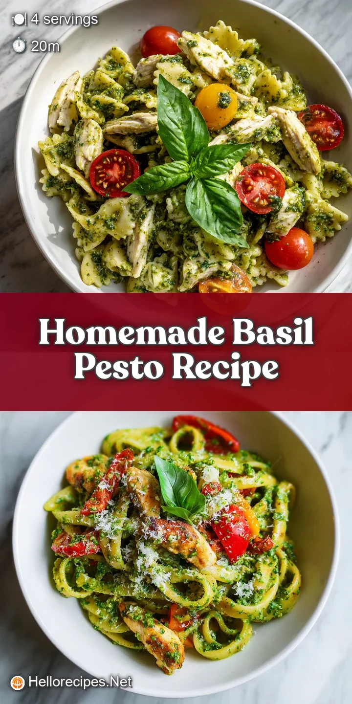 Close-up of twirled pesto pasta clinging to tender chicken, glistening with olive oil; vibrant green sauce and grated chee...