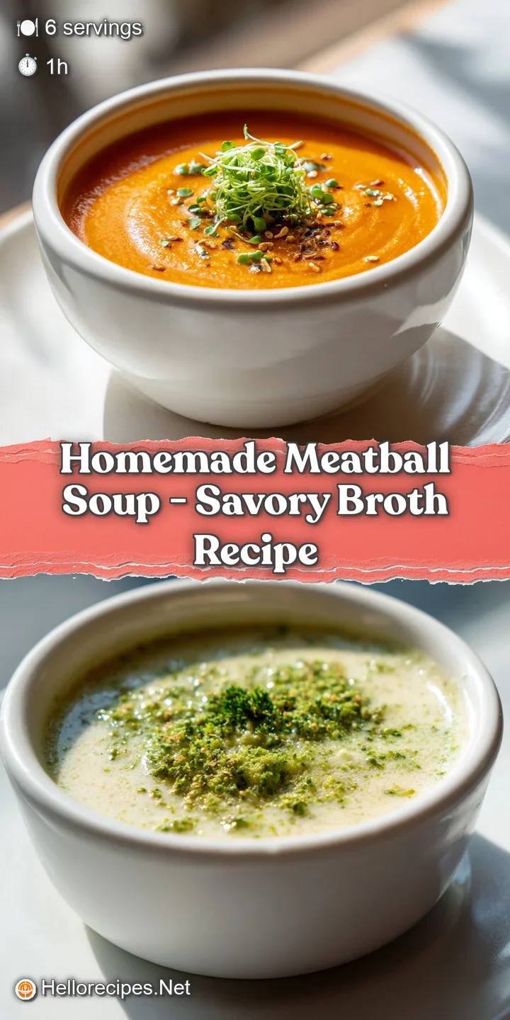 Close-up of flavorful meatballs swimming in a light broth. Hints of herbs and soft vegetables create a comforting, delicio...