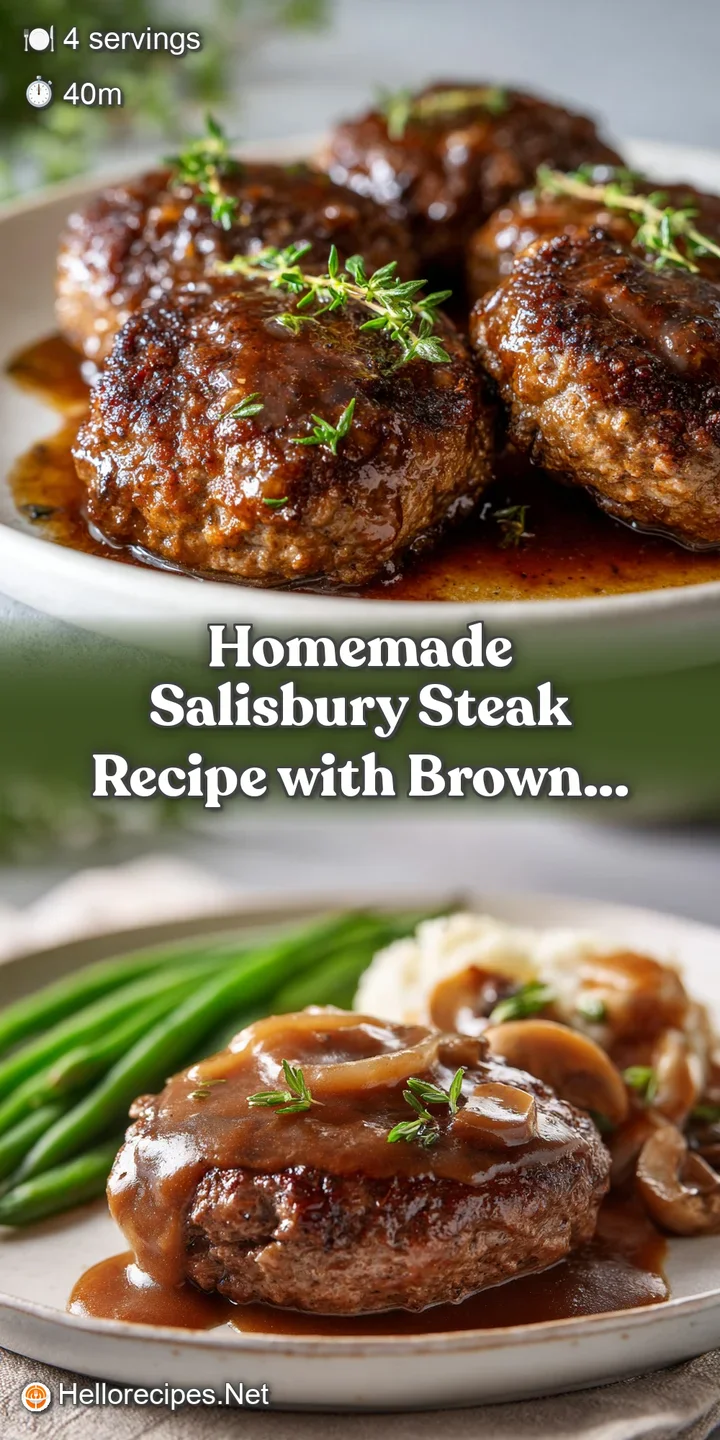 Close-up of a juicy Salisbury steak smothered in a decadent brown gravy, highlighting its savory, caramelized exterior.