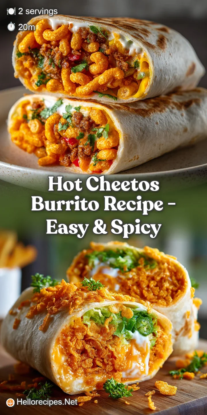 Close-up of a Cheeto burrito's open end, revealing vibrant red Cheetos mixed with melted cheese, teasing a spicy, cheesy e...