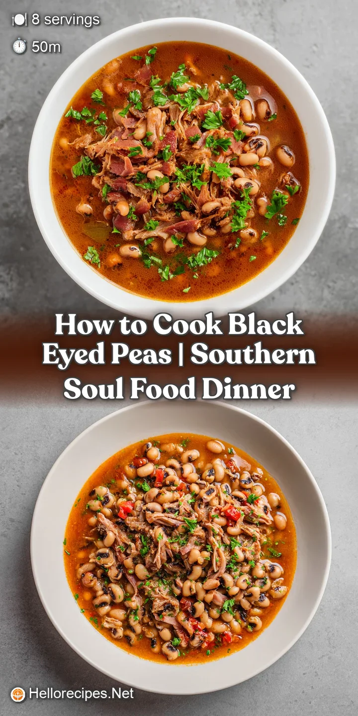 Detailed close-up of plump, creamy legumes and tender pieces of smoked meat simmering in a rich, glossy brown broth.