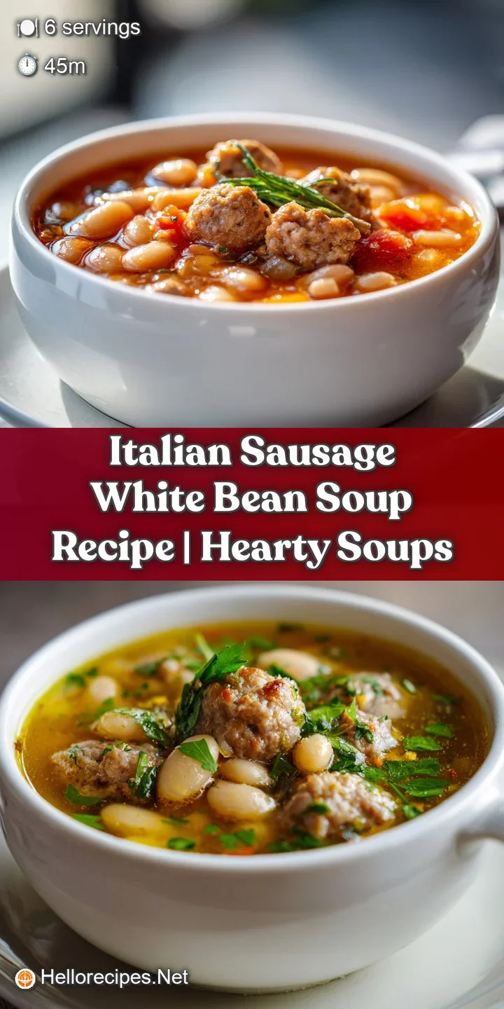 Close-up of steaming white bean soup with tender sausage, showcasing the rich broth and colorful vegetables with a sprinkl...