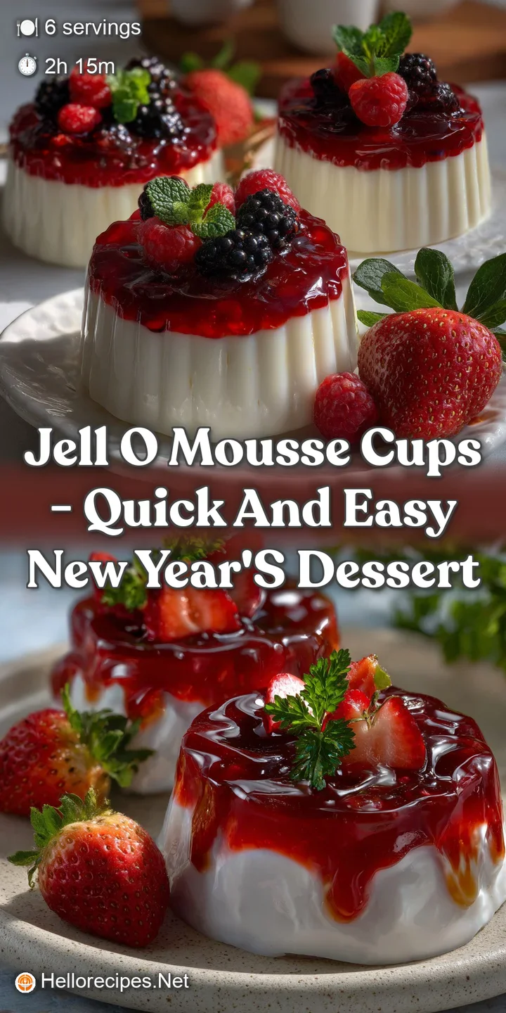 Close-up of a Jell-O mousse cup: luscious layers of raspberry and vanilla, with a velvety texture and a refreshing, bright...