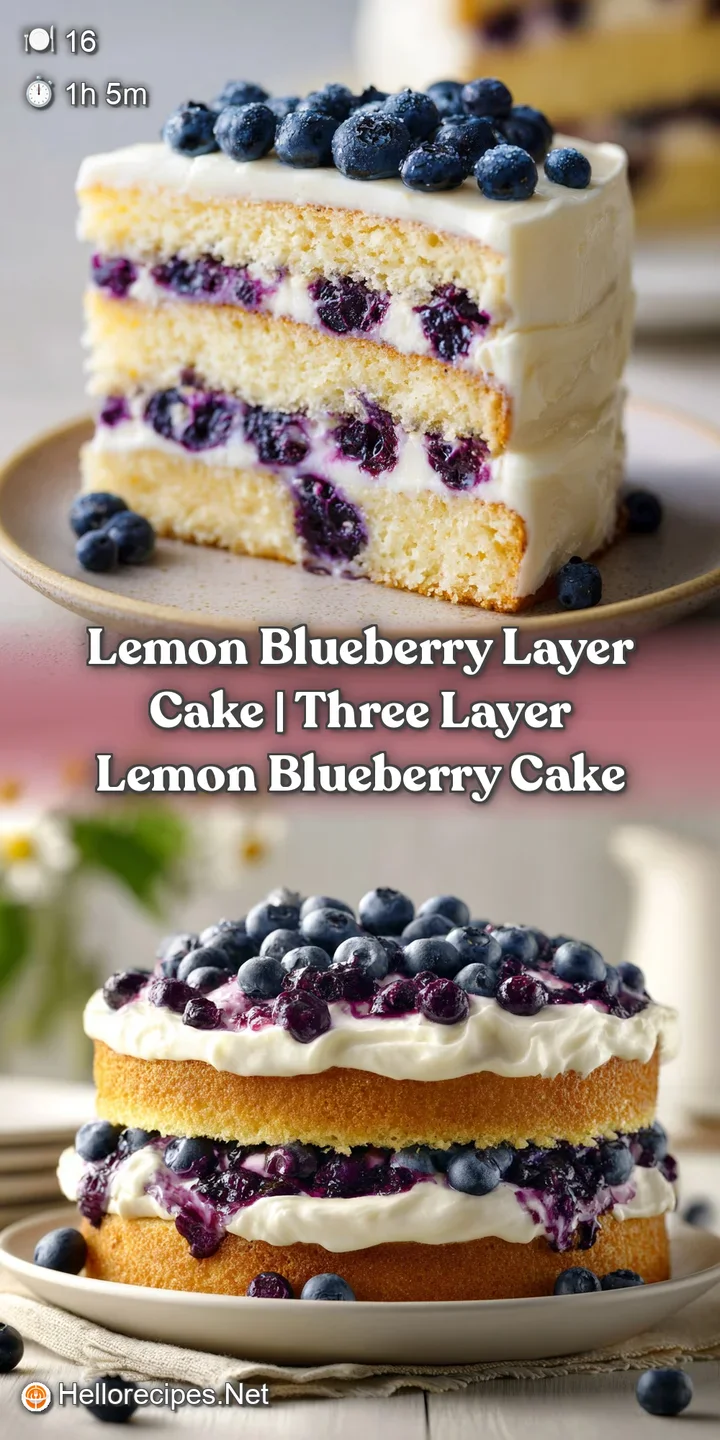Close-up of moist yellow cake layers with vibrant purple blueberries and a swirl of velvety white icing.